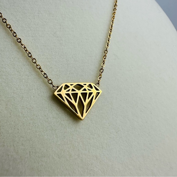 Gold Stainless Steel Diamond Shape Pendant Necklace - Non-Tarnish - Picture 3 of 6